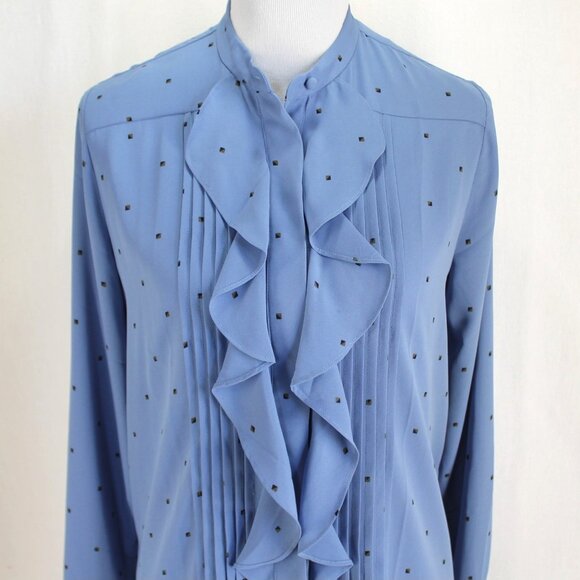 Ann Taylor Blouse Womens Size M Blue Long Sleeve Ruffle Pintucks Button Front - Picture 2 of 7